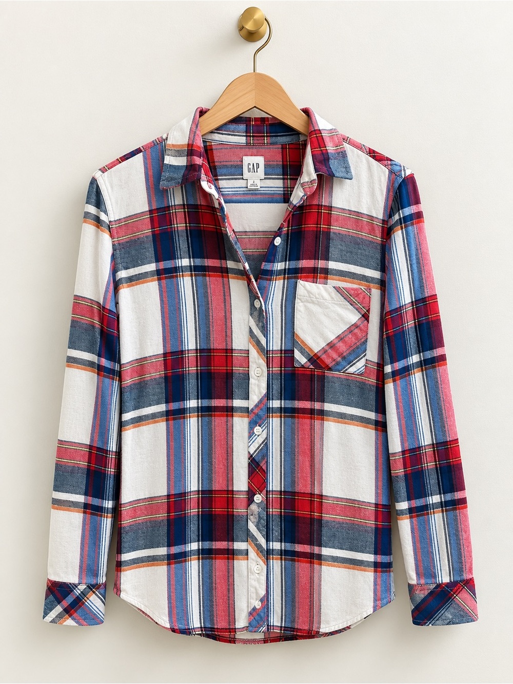 GAP Women’s Small Plaid Button Down Shirt Red Blue White Rayon